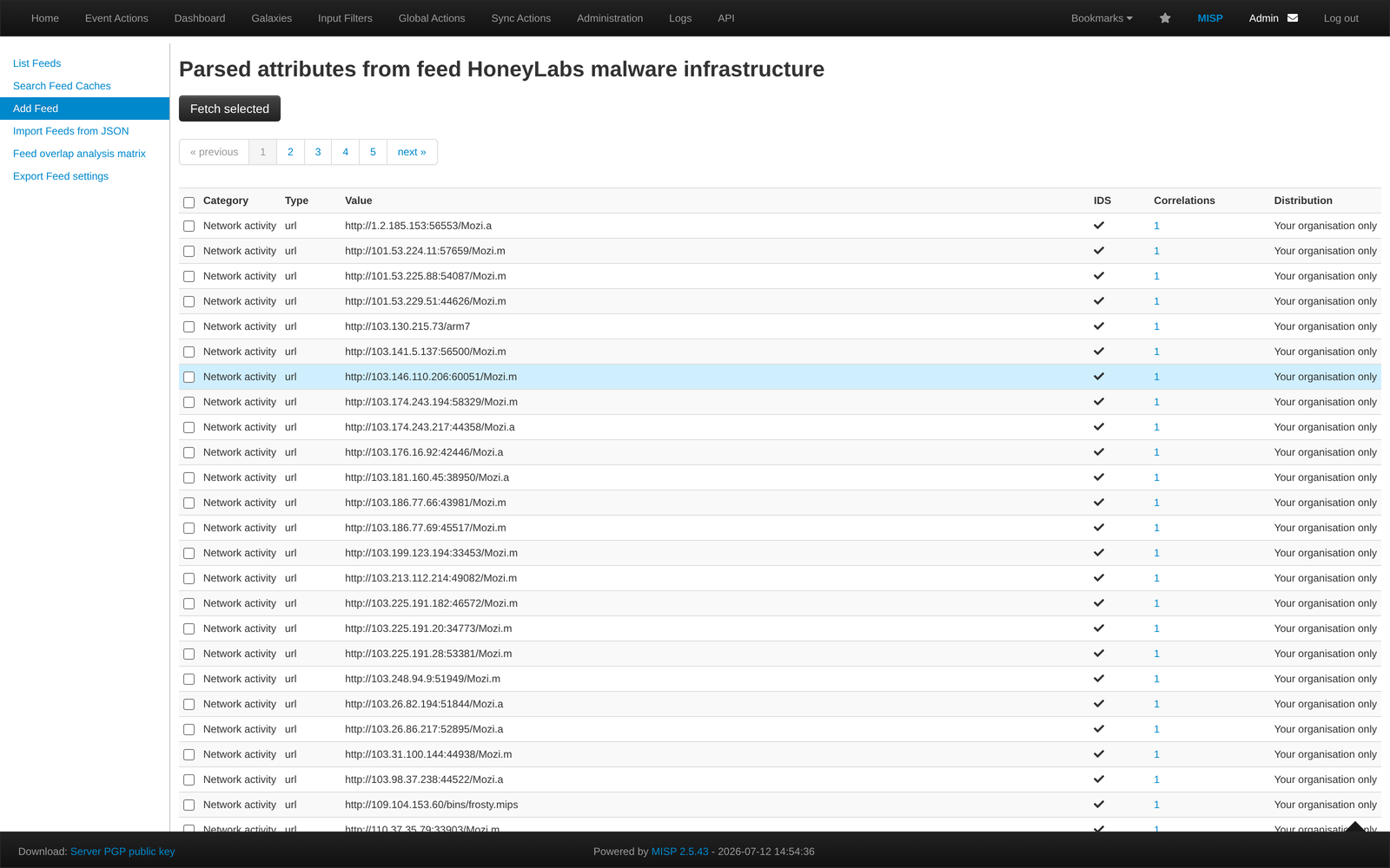 MISP preview of the HoneyLabs malware infrastructure feed with loader URLs parsed as url attributes